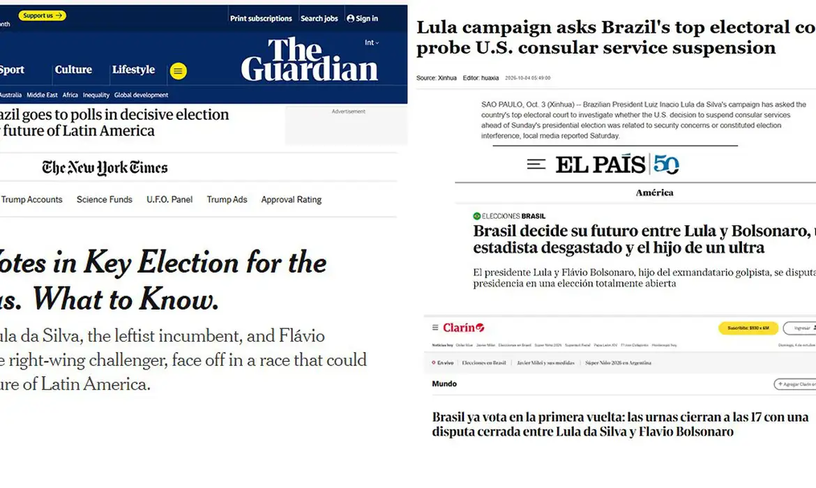 Brasília (DF), 04/10/2026-Jornais dizem que voto no Brasil define geopolítica na América Latina. Montagem EBC